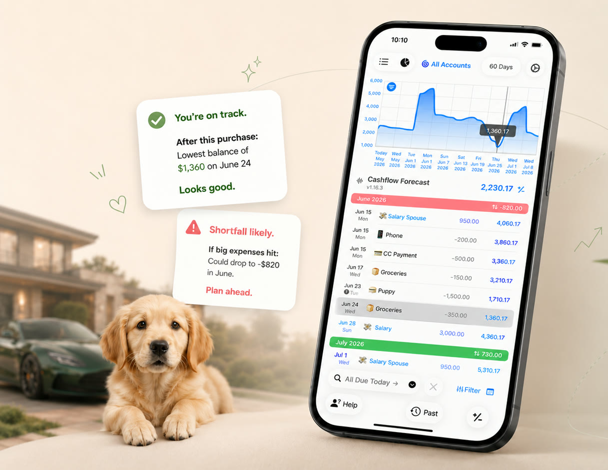 Foreseenly forecast screen with on-track and shortfall callouts before a spending decision.